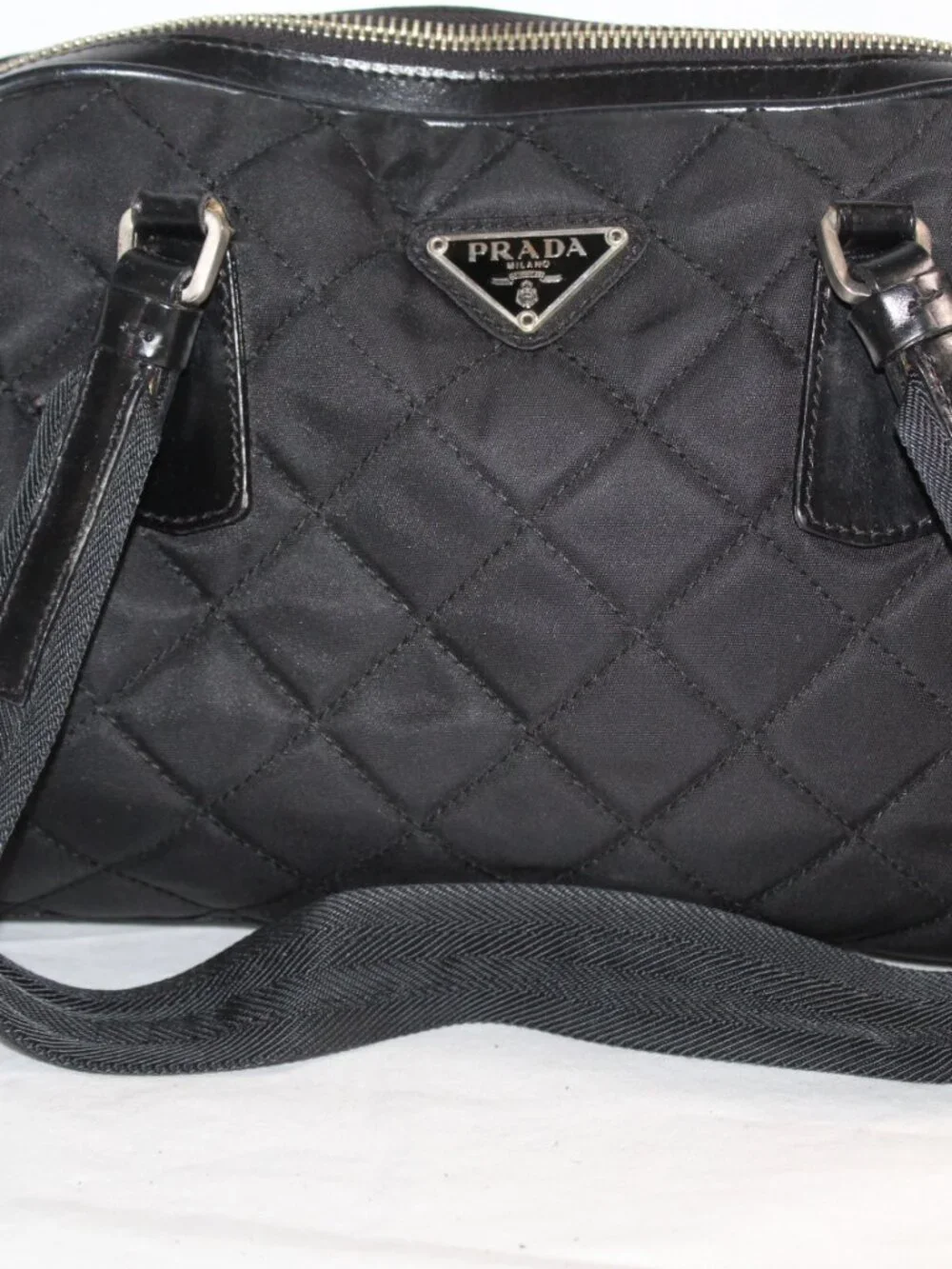 Prada Triangle Logo Tessuto Nylon Quilted Top Handle Shoulder Bag Black Vintage